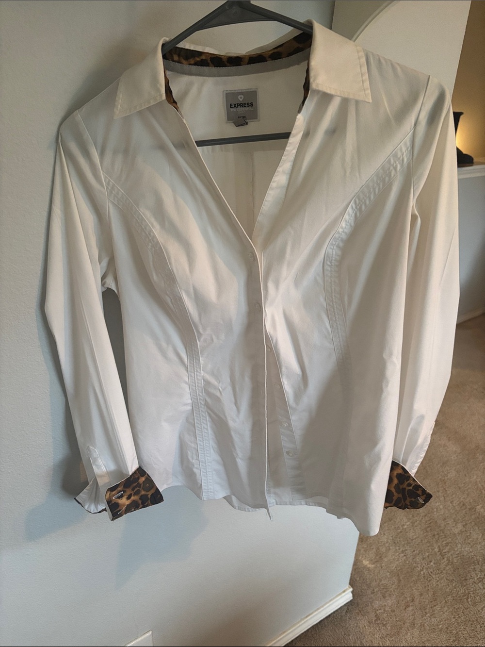 Express White Button-Up Shirt with Leopard Trim